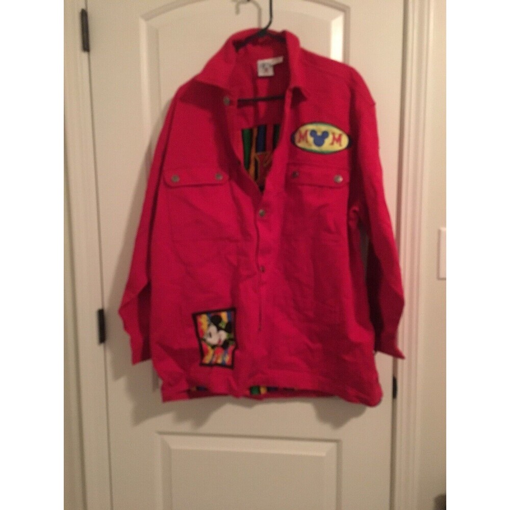 Vintage Disney Mickey Mouse Co Adult Button Up Red Denim Jean Jacket Size XL